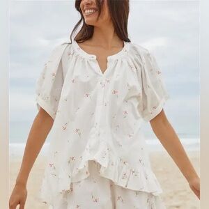 PIYAMA Sophie Ditsy Floral Lily Button Down Ruffle Top Large Cottagecore Cotton